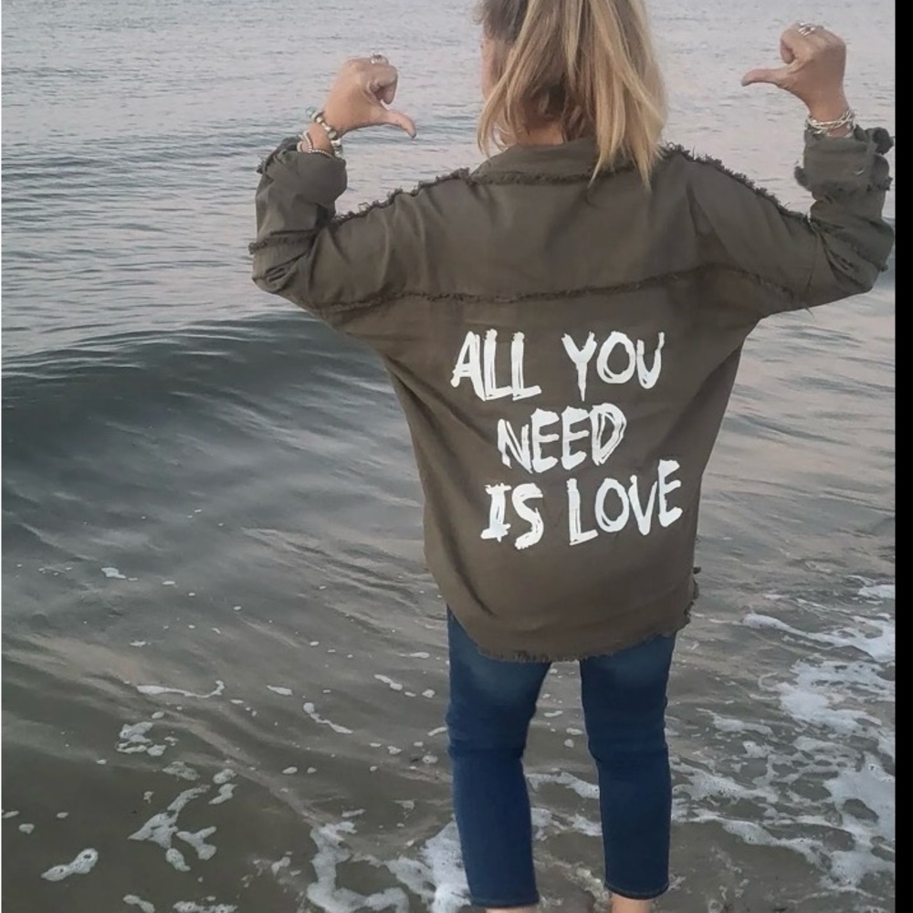 Women’s Olive Green Graphic Long Jacket - All You Need Is Love - Picture 8 of 10